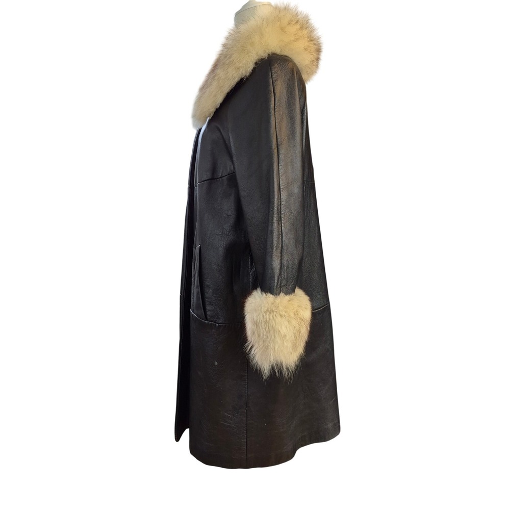 Vintage Black Leather Trench Coat Genuine Fur Collar Cuffs Size 14 Mid Length - Picture 2 of 16